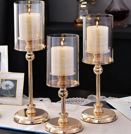 Champagne Gold Candlestick Holder | Electroplated Metal & Glass Hurricane