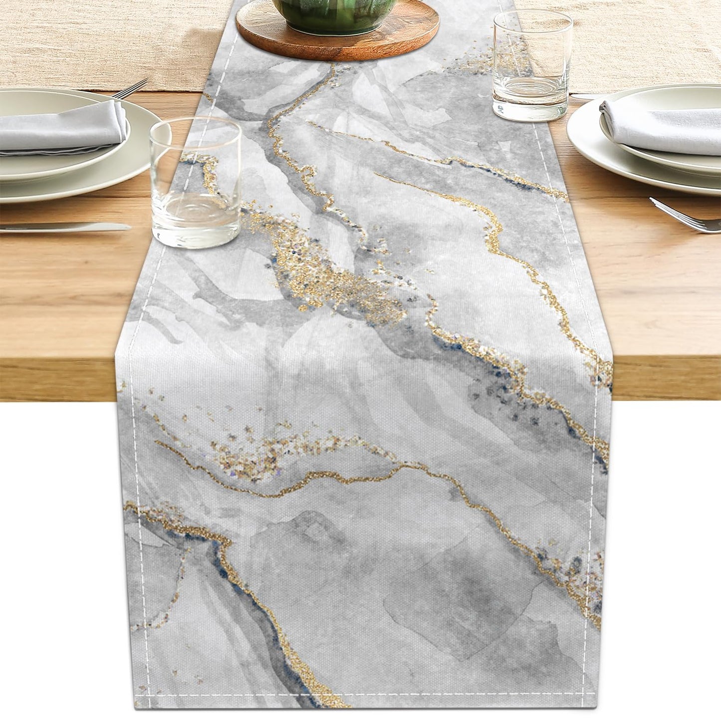 Marble Table Runner | 13x71 Inch Gold & Grey Linen Dresser Runner